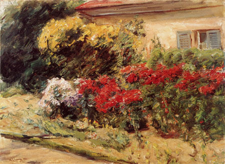 Blumenstauden vor dem Gärtnerhäuschen im Wannseegarten van Max Liebermann