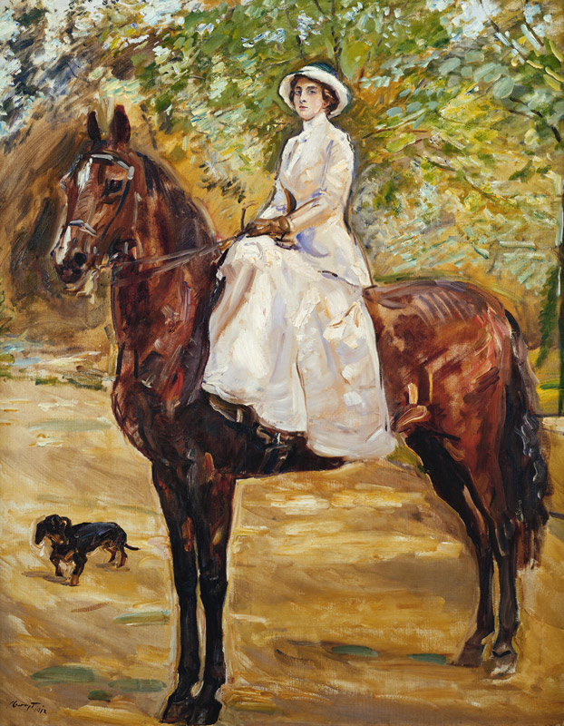 Dame im weißen Reitkleid zu Pferde van Max Slevogt