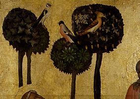 Detail aus der Tafel Christus am Ölberg: Ölbäume und Vögel van Meister d.Altars von Hohenfurth