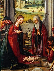 Die Geburt Christi. (Detail: Maria und Joseph in Anbetung des Kindes) van Meister von Játiva, spanisch