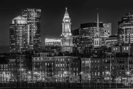 BOSTON Avond Skyline van North End & Financial District | Monochroom