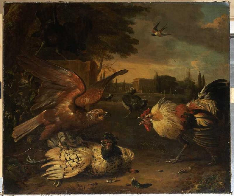 Ein Hahn verteidigt eine von einem Falken geschlagene Henne. van Melchior de Hondecoeter