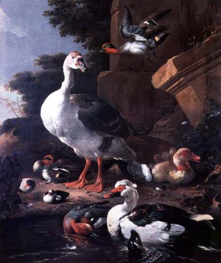 Waterfowl in a classical landscape van Melchior de Hondecoeter