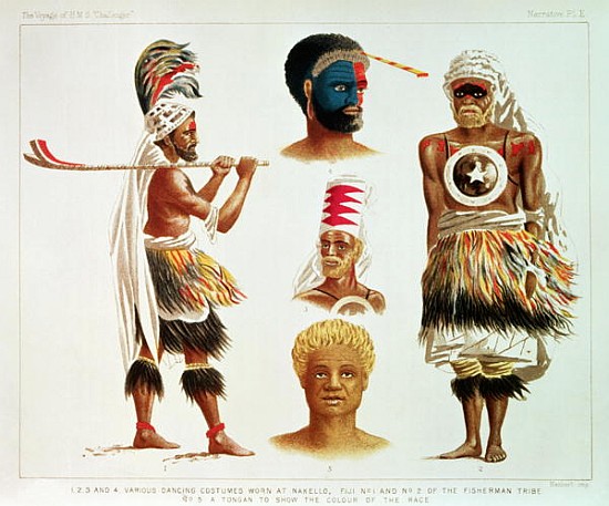 Various Dancing Costumes Worn at Nakello, Fiji, illustration from ''The Voyage of H.M.S. Challenger' van Michael Hanhart