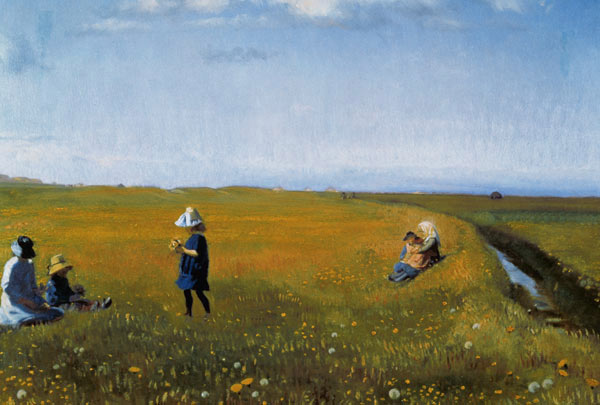 Children and Young Girls picking Flowers in a meadow north of Skagen van Michael Peter Ancher