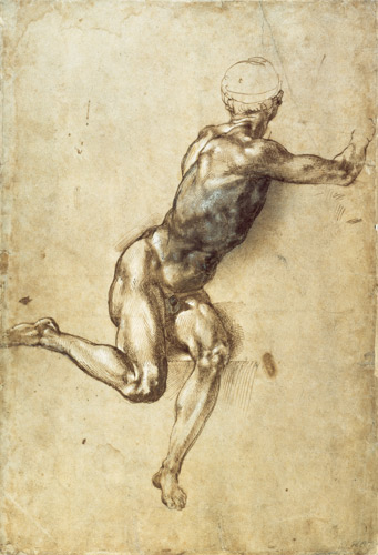 Figure Study for Battle of Cascina, 1504 (pen, brush, brown and grey van Michelangelo (Buonarroti)