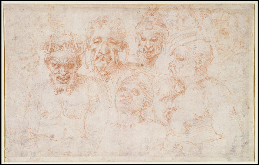 Grotesque heads and further studies van Michelangelo (Buonarroti)