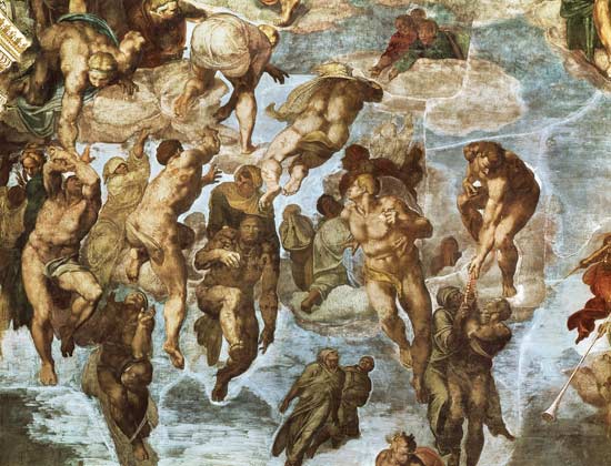 Das Jüngste Gericht - Die Erlösten (Ausschnitt Sixtinische Kapelle) van Michelangelo (Buonarroti)