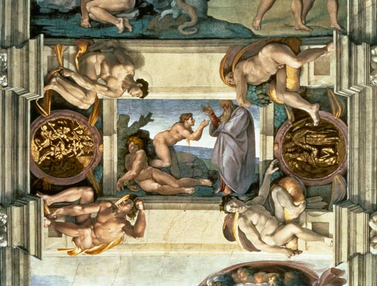Sistine Chapel Ceiling: Creation of Eve, with four Ignudi van Michelangelo (Buonarroti)