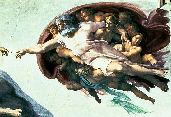 Sistine Chapel Ceiling: Creation of Adam, 1510 (detail of 77430) van Michelangelo (Buonarroti)