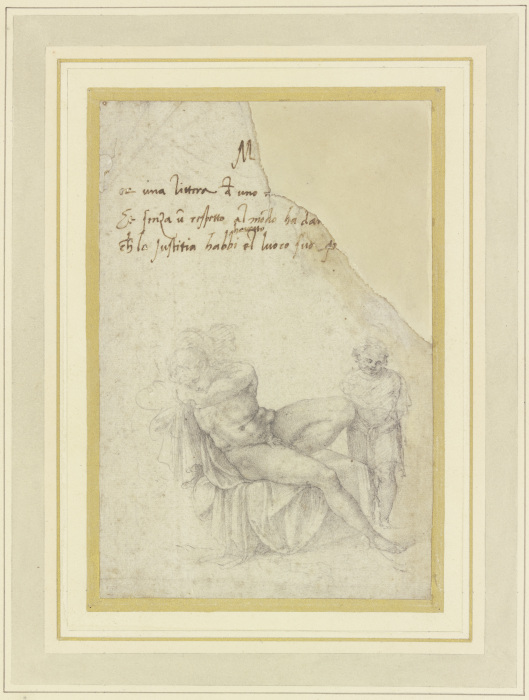 Sitzender männlicher Akt, schlafend, mit einem stehenden Kind oder Putto van Michelangelo (Buonarroti)