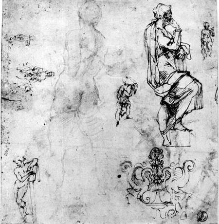 Sketches of male nudes, a madonna and child and a decorative emblem  & ink and van Michelangelo (Buonarroti)