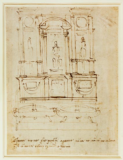 Inv.1859-6-25-543.recto (w.28) Study for the Tomb of Pope Julius II (brown ink) van Michelangelo (Buonarroti)