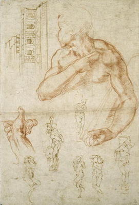 Study of the Assisting Figure of the Libyan Sibyl, c.1512 (red chalk & pen on paper) van Michelangelo (Buonarroti)