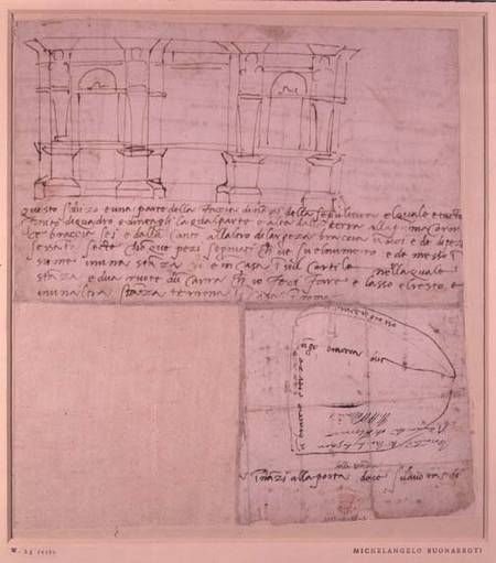 W.23r Architectural sketch with notes (pen & ink) van Michelangelo (Buonarroti)