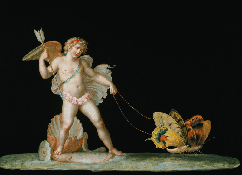 Cupid led by butterflies van Michelangelo Maestri