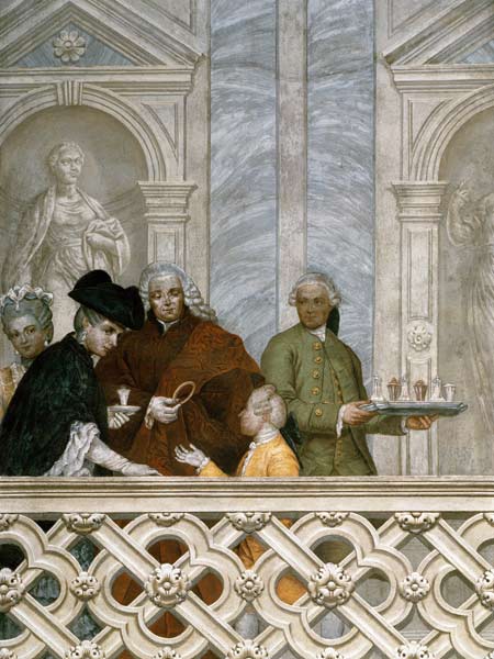 Group of five people including a waiter with a plate van Michelangelo Morlaiter