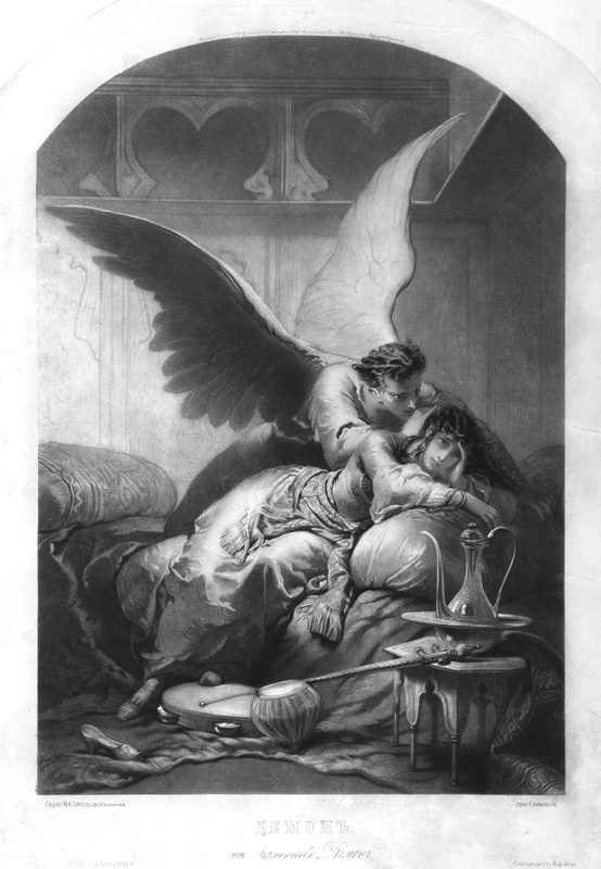 Tamara and Demon. Illustration to the poem "The Demon" by Mikhail Lermontov van Mihaly von Zichy