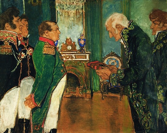 Jean-Baptiste de Lamarck handing the book ''Zoological Philosophy'' to Emperor Napoleon Bonaparte van Mikhail Dmitrievich Ezuchevsky