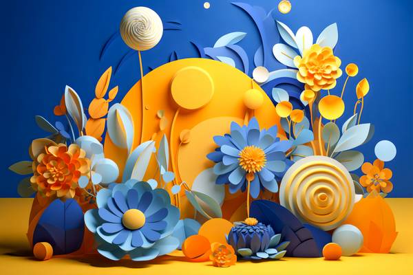 3D abstrakte Blumen in Blau und gelb, Blumenornament, floral, Natur van Miro May