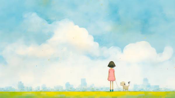 Aquarelle mit einem Mädchen und Hund, Skyline, Wolkenlandschaften, minimalistisch. Digital AI Art. van Miro May