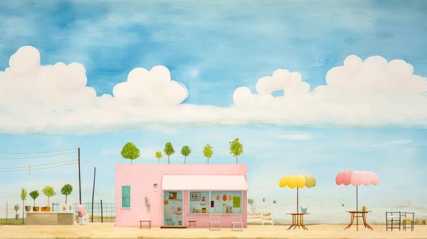 Bunte Aquarelle mit einem Cafe Haus am Strand mit Sonnenschirmen und Wolken. Digital AI van Miro May