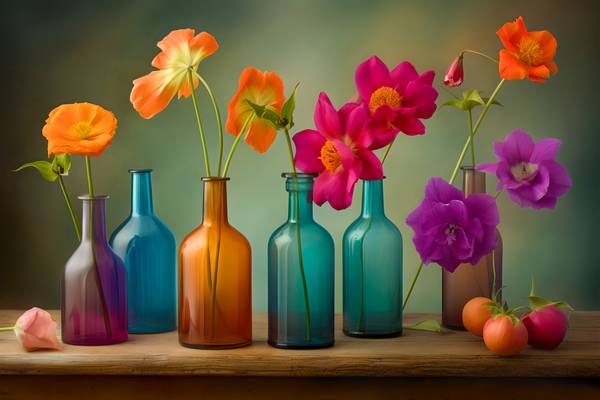Bunte Blumen in bunten Flaschen, Gemälde, AI, modern, Stillleben, digital III van Miro May