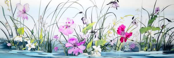 Farbenfrohe Blüten und zarte Wasserpflanzen schmücken den See im japanischen Stil, eine idyllische K van Miro May