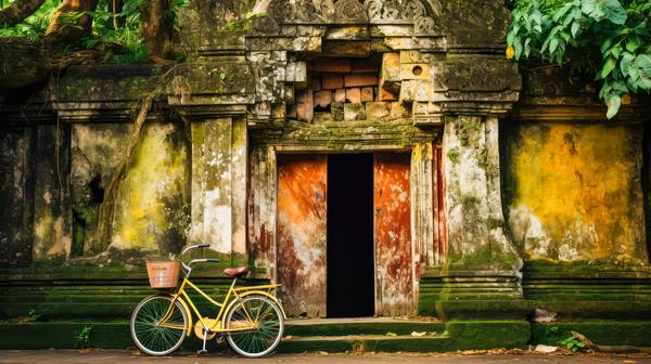 Gelbes Fahrrad vor einem Tempel auf Bali. Architektur und Farben in Asien. van Miro May