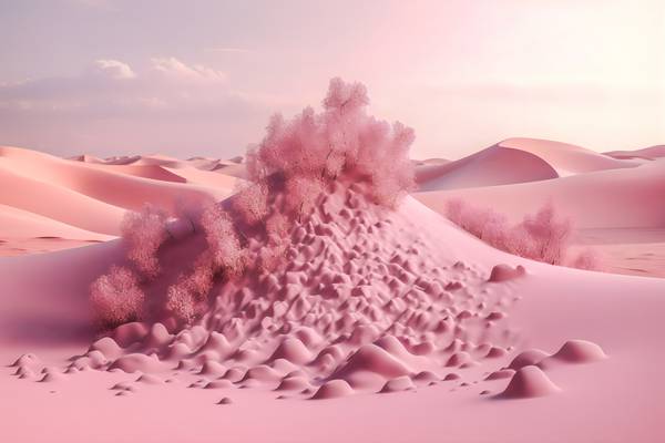 Rosa Düne, futuristische Landschaft mit rosa Sand, Fantasielandschaft, Rosa Landschaft mit Berg und  van Miro May