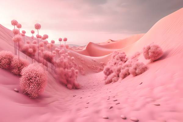 Rosa Landschaft, futuristische Landschaft mit rosa Pflanzen, Fantasielandschaft, Rosa Landschaft mit van Miro May