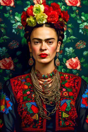 Portret van Frida Kahlo in een kleurrijke jurk