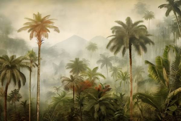 Tropische Landschaft mit Palmen und Bergen. Nebel im Regenwald. Grüne Landschaft am morgen. Natur van Miro May