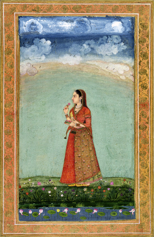 Lady holding a bowl of roses, from the Small Clive Album van Mughal School