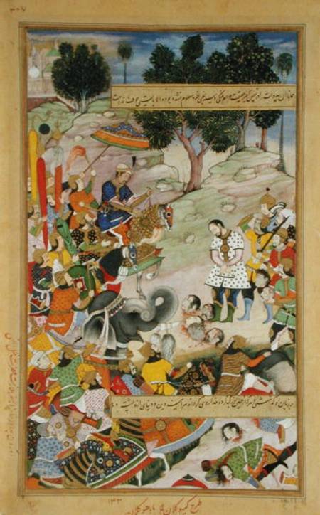 The rebel Bahadur Khan (d.1601) as a prisoner in the presence of Akbar (r.1556-1605) in 1567, from t van Mughal School