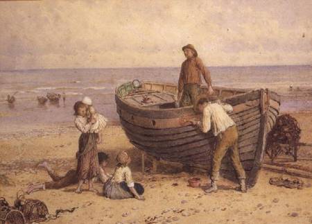 Boat, figures and sea van Myles Birket Foster