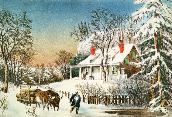 Bringing Home the Logs, Winter Landscape, 19th century van N. Currier