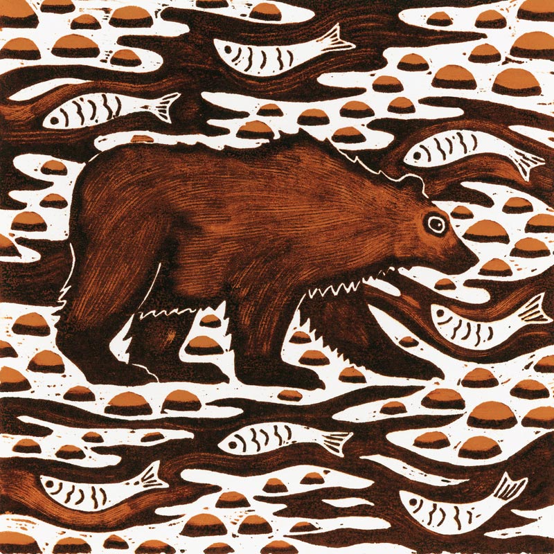 Fishing Bear, 2001 (woodcut)  van Nat  Morley