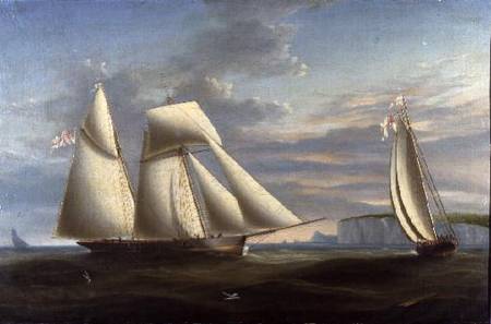 A topsail schooner and a schooner of the Royal Yacht Squadron off the coast of Dorset (panel) van Nicholas Condy