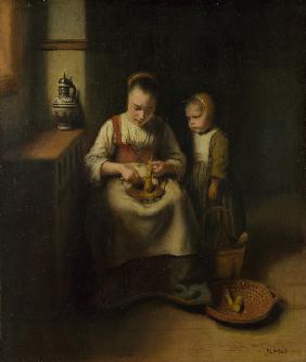 Een vrouw die pastinaak schraapt, met een kind dat bij haar staat - Nicolaes Maes