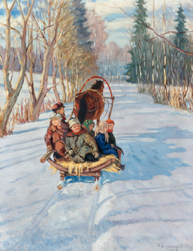 Children on a horse-drawn sleigh van Nikolai P. Bogdanow-Bjelski
