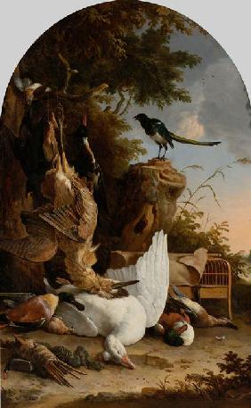 A Hunter’s Bag near a Tree Stump with a Magpie, Known as ‘The Contemplative Magpie’