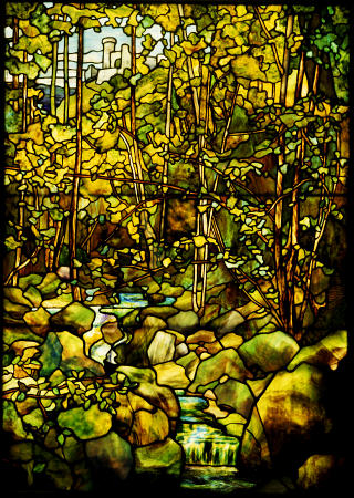 A Leaded Glass Window Of A Woodland Scene By Tiffany Studios van 