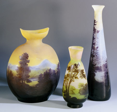 A Selection Of Galle Double-Overlay And Acid-Etched Vases van 