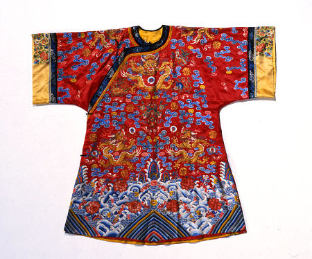A Semi Formal Robe Of Red Satin Embroidered In Silks And Gilt Thread With Dragons Amidst Scrolling C van 