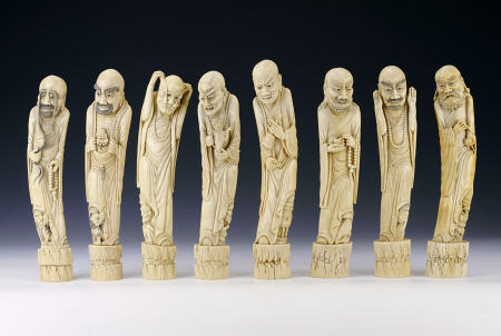 A Set Of Eight Ivory Figures Of Luohans van 