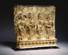 A Central Tibetan, Densatil Monastery, Gilt Bronze Plaque,With Four Dancing Female Figures, Circa 14