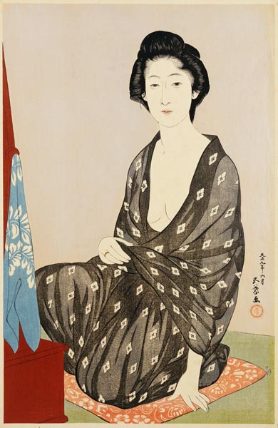 A Beauty In A Black Kimono With White Hanabishi Patterns Seated Before A Mirror van 