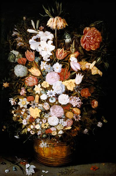 Stilleven van een groot boeket bloemen in een houten kuip Als reproductie  kunstdruk of als handgeschilderd olieverfschilderij