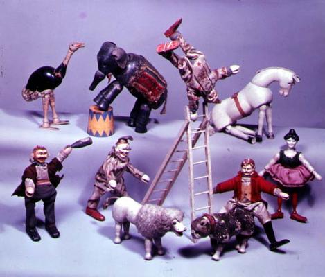 Circus acts, made of wood and papier mache, made by Schoenhut & Co., c.1900 van 